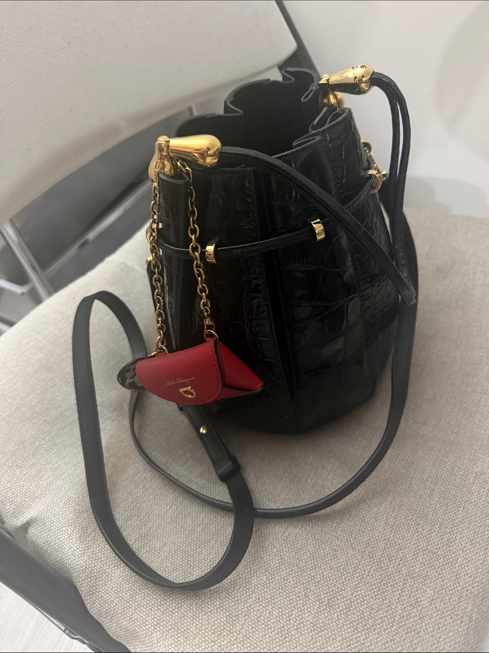 Salvatore Ferragamo Black Croc-Embossed Mini Bucket Bag with Red bag Charm - Picture 2 of 5